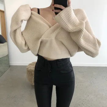 2021 Jesen zima Ženski pulover s V-izrez, seksi džemper s otvorenim ramenima, pletene moderan svakodnevni korejski ženski kardigan
