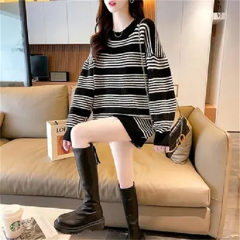 2021 Jesen Zima Korejski moda Pletene prugasti džemper Ženski Casual pulover velike veličine Slobodne ulične veste Pull Femme 3XL