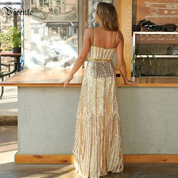 VC Zlatno haljina sa šljokicama na подтяжках za žene 2021 Ljeto s otvorenim leđima Stilski Modni Duga suknja