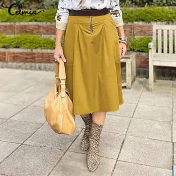 2021 Vintage monotono munja Jupe Celmia Jesen suknje Midi Ženska moda s visokim strukom плиссированная večernje suknja Svakodnevne slobodne duge suknje