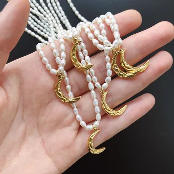 Vintage Slatkovodni Slika Bisera ogrlice Ogrlice Za žene Geometrijski Zlatni Mjesec Privjesak Ogrlice Nakit ogrlice de Перлес poklon