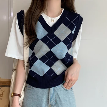Zoki Argyle Ženski džemper, Prsluk Korejski stil Jesen pletene pulover Slatka kardigan Casual V-izrez u obliku Plave Free ženski kockice prsluk 2021