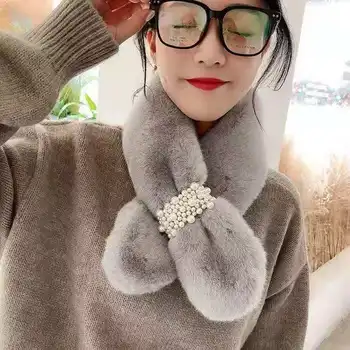 Bijeli Mekani Japanski biseri Šal od umjetnog krzna, Ženska zimska moda Debele tople šalove s ovratnikom oko vrata 2021 Nove ženske ženske, pribor za djevojčice
