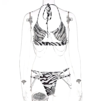 Chicology 2021 Jesen zima s ispis Zebra Za žene 2 kom. Bikini s lancem, grudnjak, tange, Klupska odjeća, odbojka na kupaći kostim, seksi setove