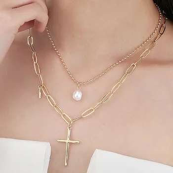 Dizajn osjećaj bisera elegantan trend jednostavan dvostruka višeslojni križ privjesak ogrlica sa posebnim lancem za žene nakit